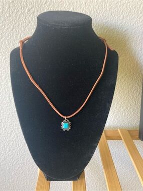 Turquoise Toned Pendant Necklace on Tan Leather Suede Cord